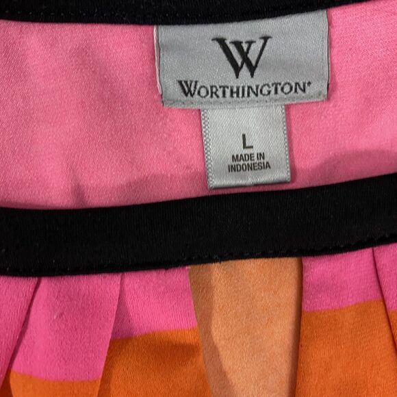 Worthington Top Womens Large Shirt Stripe Orange Pink Work Office Career Coastal - Picture 4 of 14